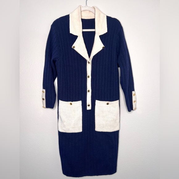 Givenchy vintage 100% wool  Dark Academia navy blue sweater dress L - Picture 1 of 11